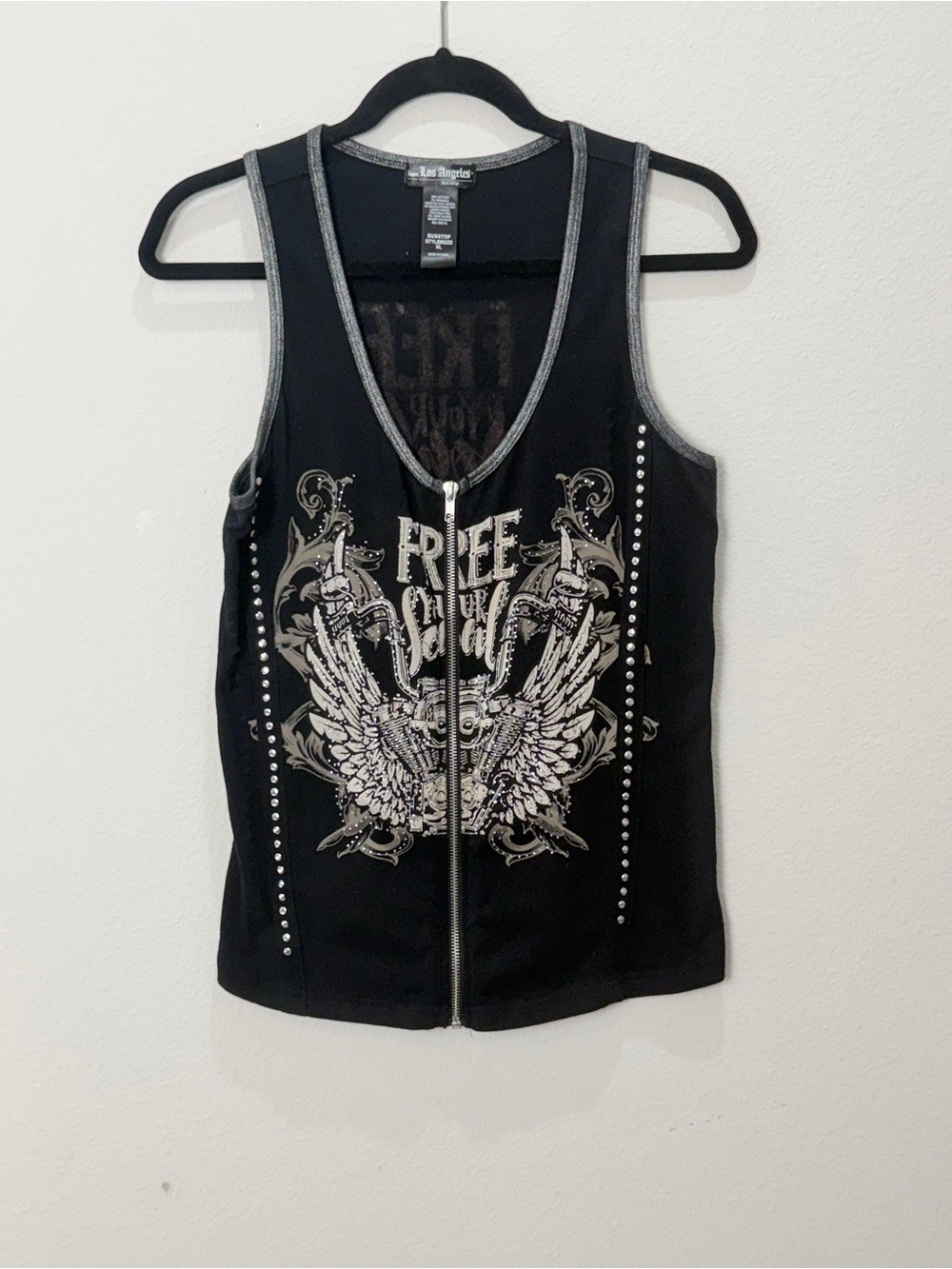 Bus Stop Black Studded Wing Graphic Zip Tank Top XL